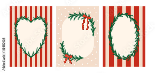 Set of cards with christmas fir branches frames on striped backgrounds. Vector hand drawn illustration. Holiday template for greeting cards, invitations, posters