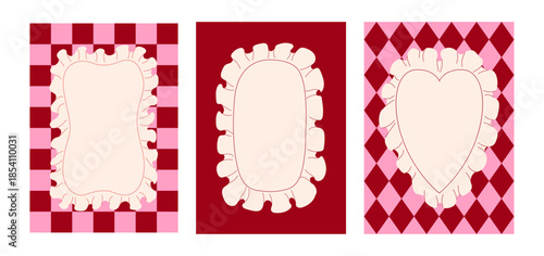Set of decorative frames with ruffled placemats on checkered backgrounds. Vector flat illustration. Romantic holiday greeting card templates