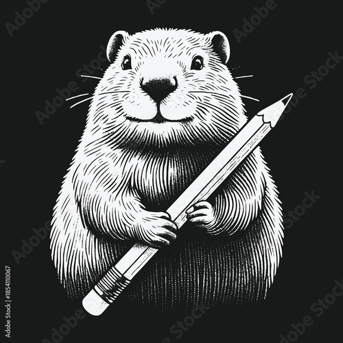 Charming black and white groundhog holding a pencil illustration.