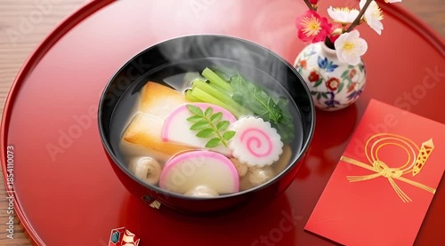 Steaming Japanese soup with traditional food