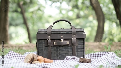 Dark brown woven picnic basket on checkered blanket outdoors