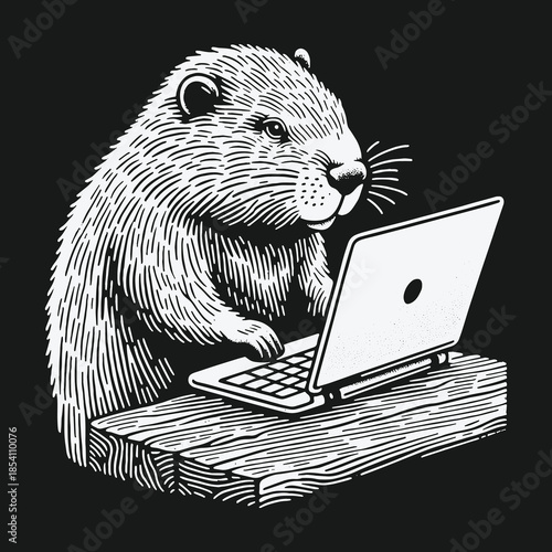 A clever beaver working diligently on a laptop computer illustration.