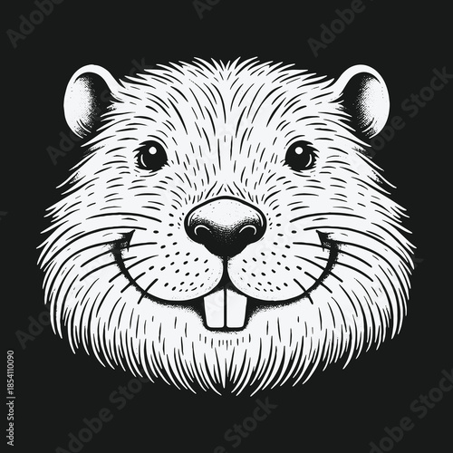 Happy Beaver Face Graphic Illustration in Black and White.