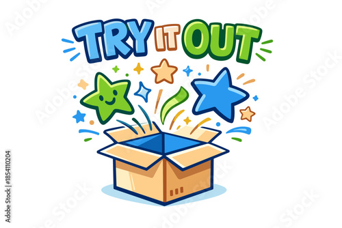 Colorful cartoon stars and open box with exciting try it out text design