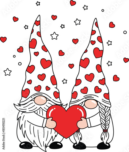 Cute Valentine Gnomes Holding Heart with Red Hearts Background