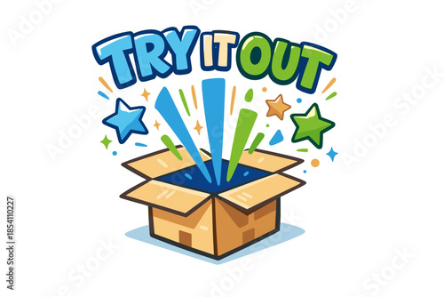 Colorful cartoon box with stars and 'try it out' text design