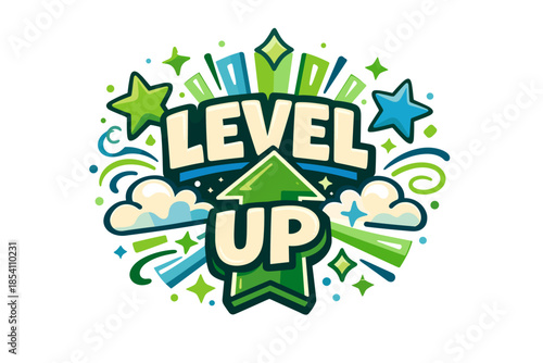 Level up graphic with green arrow and stars on dynamic background