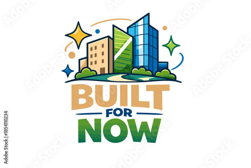 Modern urban landscape with stylized buildings and colorful accents