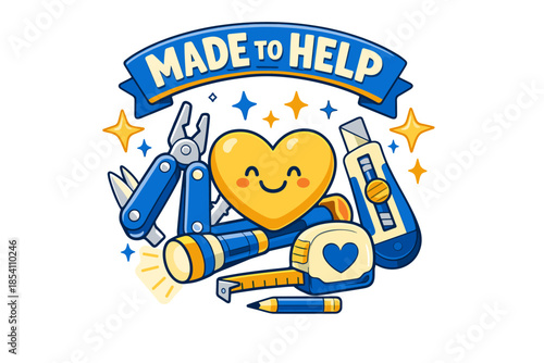 Made to help: heart surrounded by tools illustrating community and support