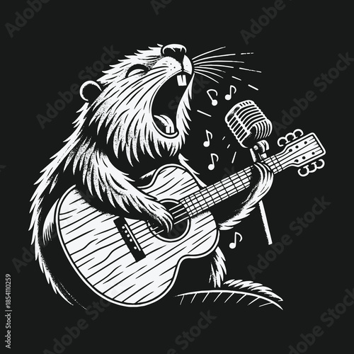 Funny cartoon beaver playing acoustic guitar and singing into a microphone.