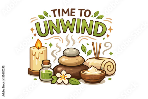 Relaxing spa elements with aromatherapy candle and massage stones