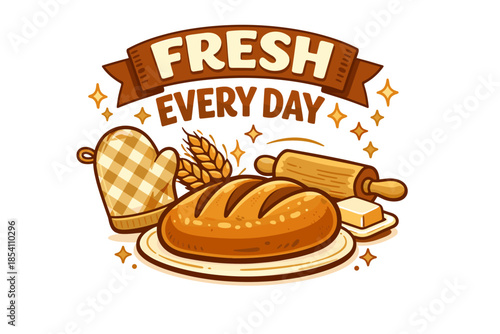 Fresh bread every day with oven mitt, rolling pin, butter, and wheat