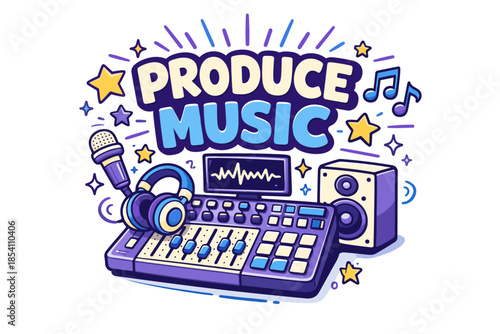 Colorful of music production equipment with headphones and microphone