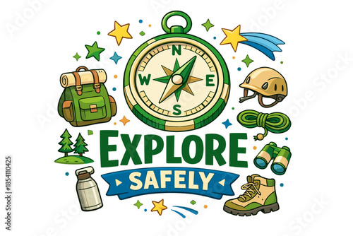 Explore safely: adventure tools with compass, backpack, and binoculars