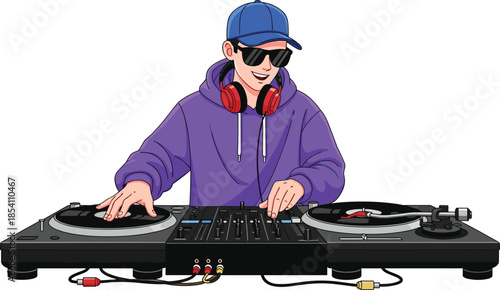 Male, DJ, character, wearing, purple, hoodie, and, blue, cap, playing, music, on, turntable, mixer, isolated, on, white, background, vector, illustration.