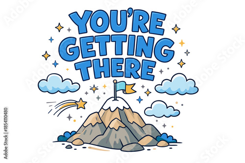 Motivational mountain with flag and stars