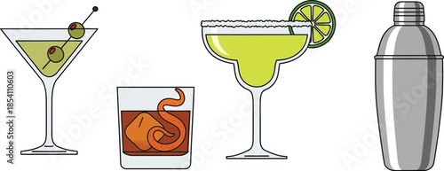 Set of 4 classic cocktail icons flat design illustration showing martini glass margarita glass old fashioned glass and shaker