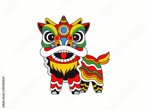 Close Up Chinese Lion Dance Face Illustration on Red Background for Festive Design
