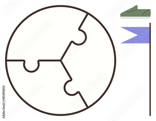 Four-piece circular puzzle alongside a green shoe and blue flag, representing global teamwork, shared goals, community actions, achievement, purpose, commitment, and progress. Ideal