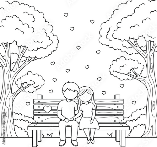 Romantic Couple Sitting on Park Bench with Heart Motif