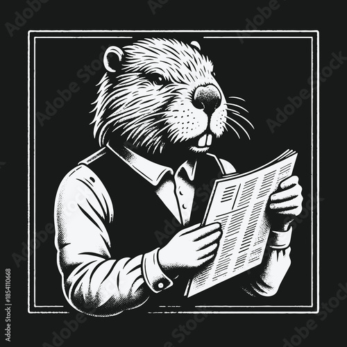 Well Dressed Beaver Character Engrossed in a Newspaper.