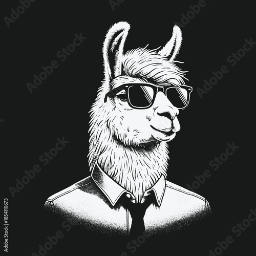 Cool Anthropomorphic Llama Wearing a Tie and Glasses.