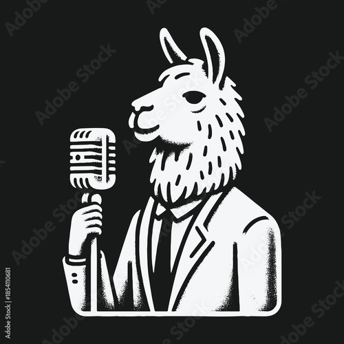Stylish Llama in a Suit Holding a Vintage Microphone Illustration.