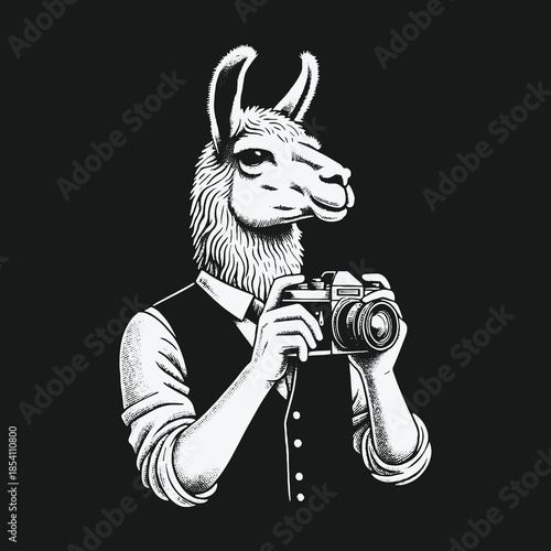 Stylish anthropomorphic llama photographer holding a vintage film camera illustration.