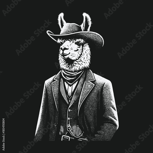 A dapper llama dressed in vintage cowboy attire.