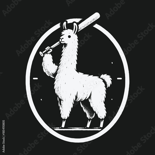 Funny white llama holding a baseball bat in a circle logo on a black background.