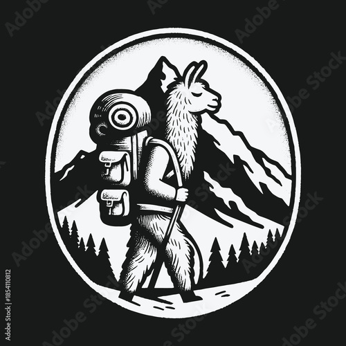 Vintage black and white illustration of a hiking llama with a backpack in the mountains.