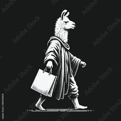 Monochromatic Illustration of an Anthropomorphic Llama on a Shopping Trip.