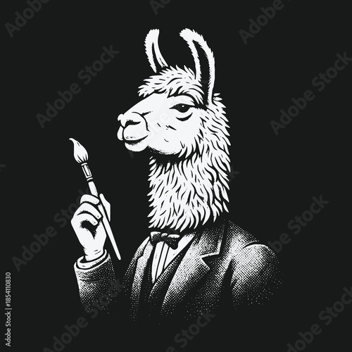 An anthropomorphic llama artist in a suit holding a paintbrush.