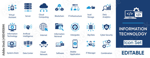 Information Technology Icon Set- Cloud Computing, Cyber Security, AI, and Big Data Vector Icons.