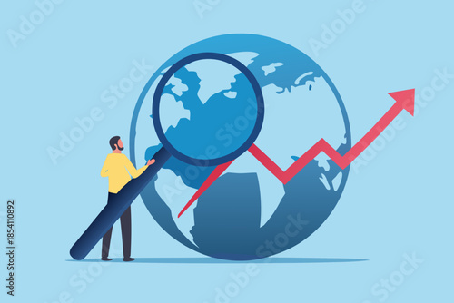 Global economic growth analysis with a magnifying glass and upward trend