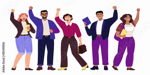 Diverse team celebrating success with raised arms and documents in hand