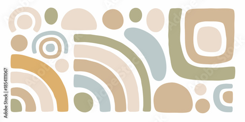 Abstract arrangement of colorful geometric shapes and organic forms on a white background