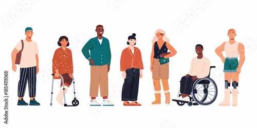Diverse group of people standing together including individuals with disabilities
