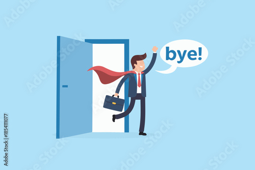 A businessman cheerfully exits through a doorway waving goodbye with a briefcase