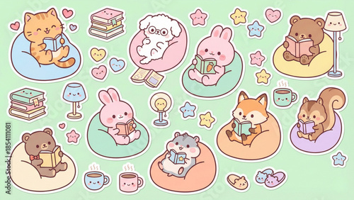 Adorable cartoon creatures enjoying a peaceful reading session, cozily nestled on beanbag chairs with captivating books, warm beverages, and soft lamps