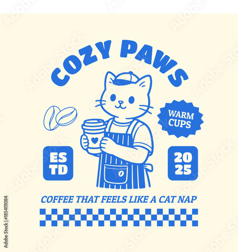 Cat Coffee Retro Mascot Logo Poster for Cafe. Cartoon Character Vector Illustration in Vintage Style