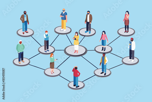 Connected people illustration showing network and social distancing concepts with diverse individuals