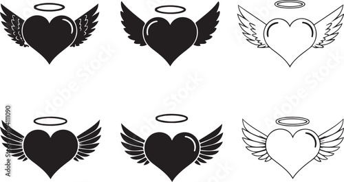 Six Heart Icons with Wings and Halos in Black and White angel love