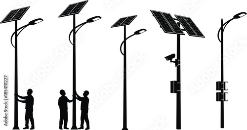 Solar powered street lights with various designs and human silhouettes for scale