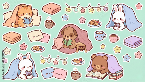 Cute animals reading books and enjoying cozy evenings with warm drinks and snacks