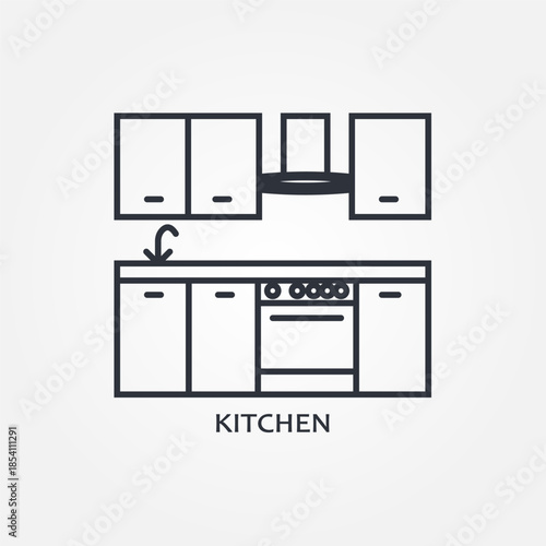Kitchen interior with stove, cupboards and cooking utensils in line art design illustration