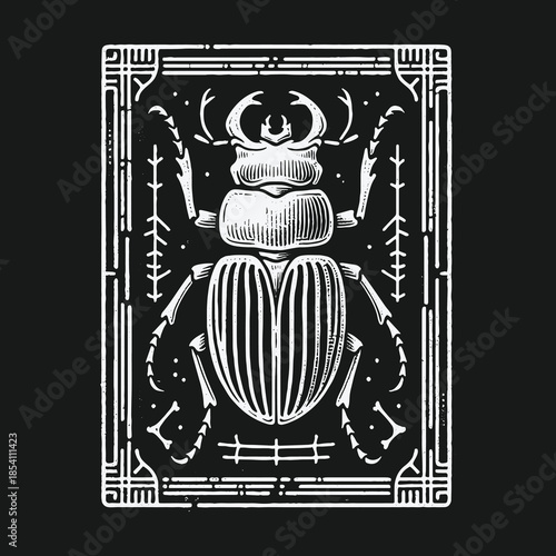 Monochrome engraved beetle illustration within a decorative art deco frame.