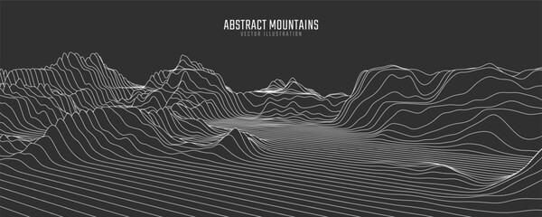 Fototapete Grau 2 Contour mountain landscape. Waved line art. Abstract minimal topographic map. Contour lines with elevations and terrain depth. Vector illustration.  © Igor