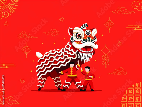 Traditional Chinese Lion Dance Performance on Red Background for Lunar New Year Celebration Artwork