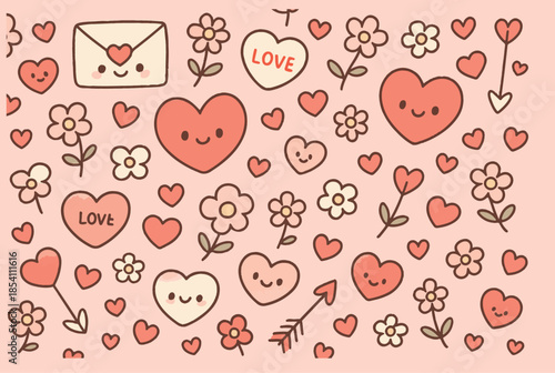 Cute Valentine's Day seamless pattern with smiling hearts, flowers, love letters, and arrows on pastel pink background.